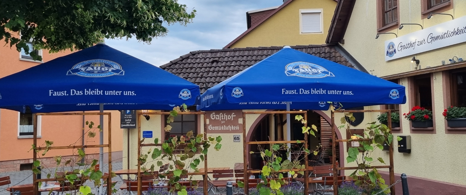 Abgrenzung des Außenbereichs des Gastohfs zur Gemütlichkeit durch Weinreben in Kübeln und blauen Sonnenschirmen der Brauerei Faust